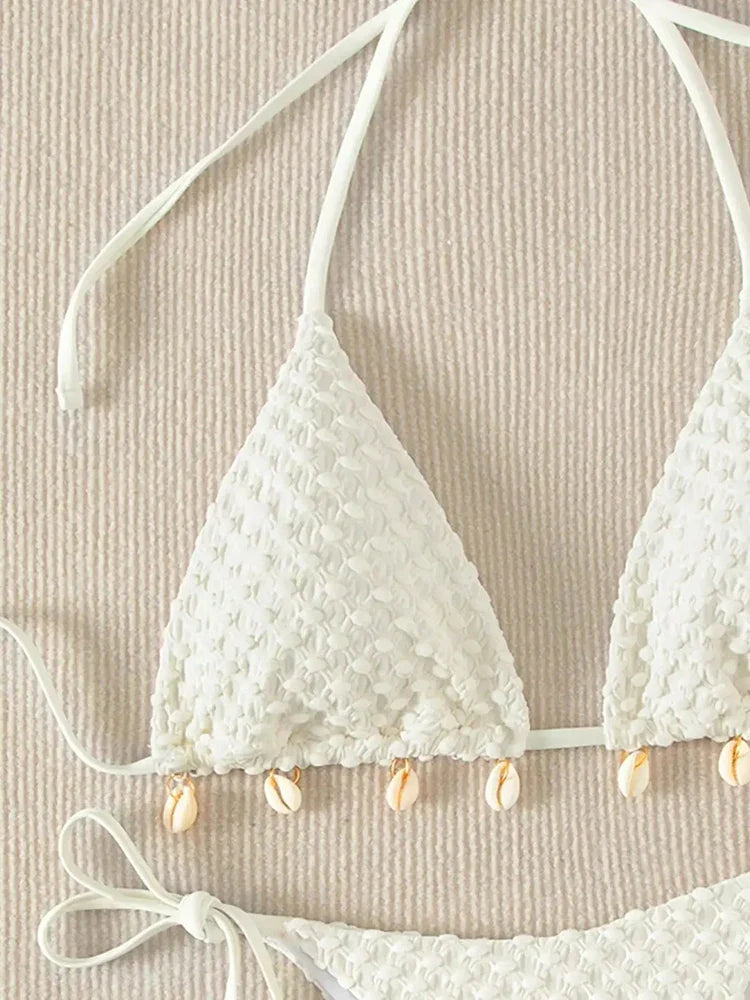 sólido concha conjunto de biquíni cordão lado laço
