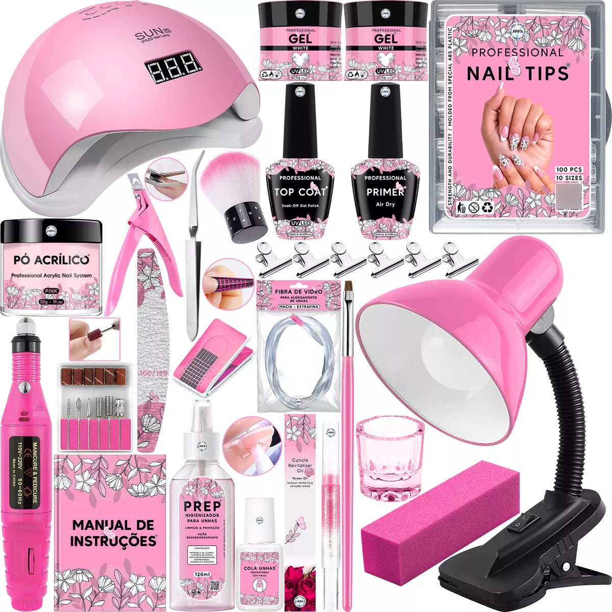 Kit Alongamento Unha Gel Cabine Lixadeira Elétrica Luminária